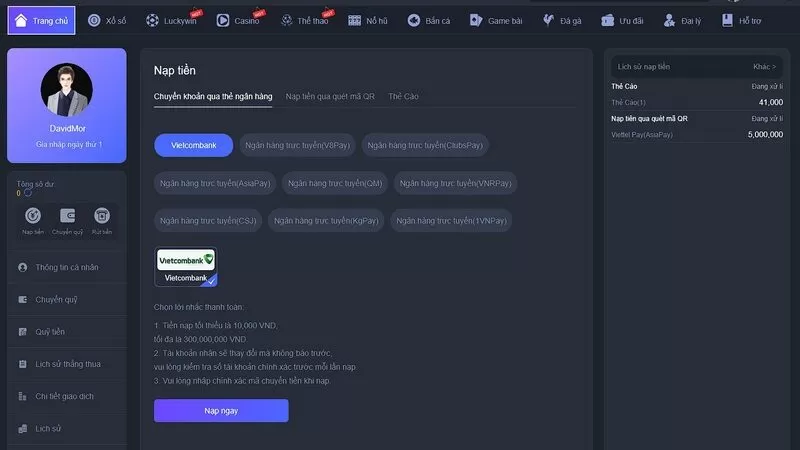Hướng dẫn nạp r&uacute;t tiền nhanh ch&oacute;ng cho hội vi&ecirc;n mới
