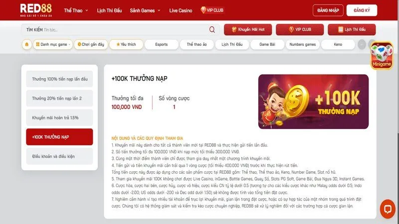 Khuyến m&atilde;i Red88 tặng th&ecirc;m 100k khi nạp tối thiểu 300k v&agrave;o t&agrave;i khoản
