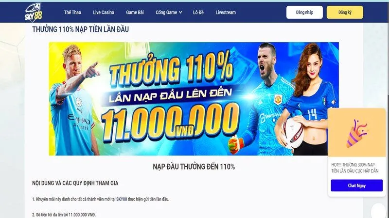 Khuyến m&atilde;i Sky88 thưởng 110% nạp đầu ti&ecirc;n của hội vi&ecirc;n&nbsp;