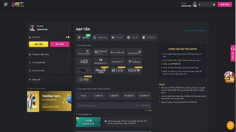 Hướng dẫn nạp tiền thuận tiện cho mọi hội vi&ecirc;n